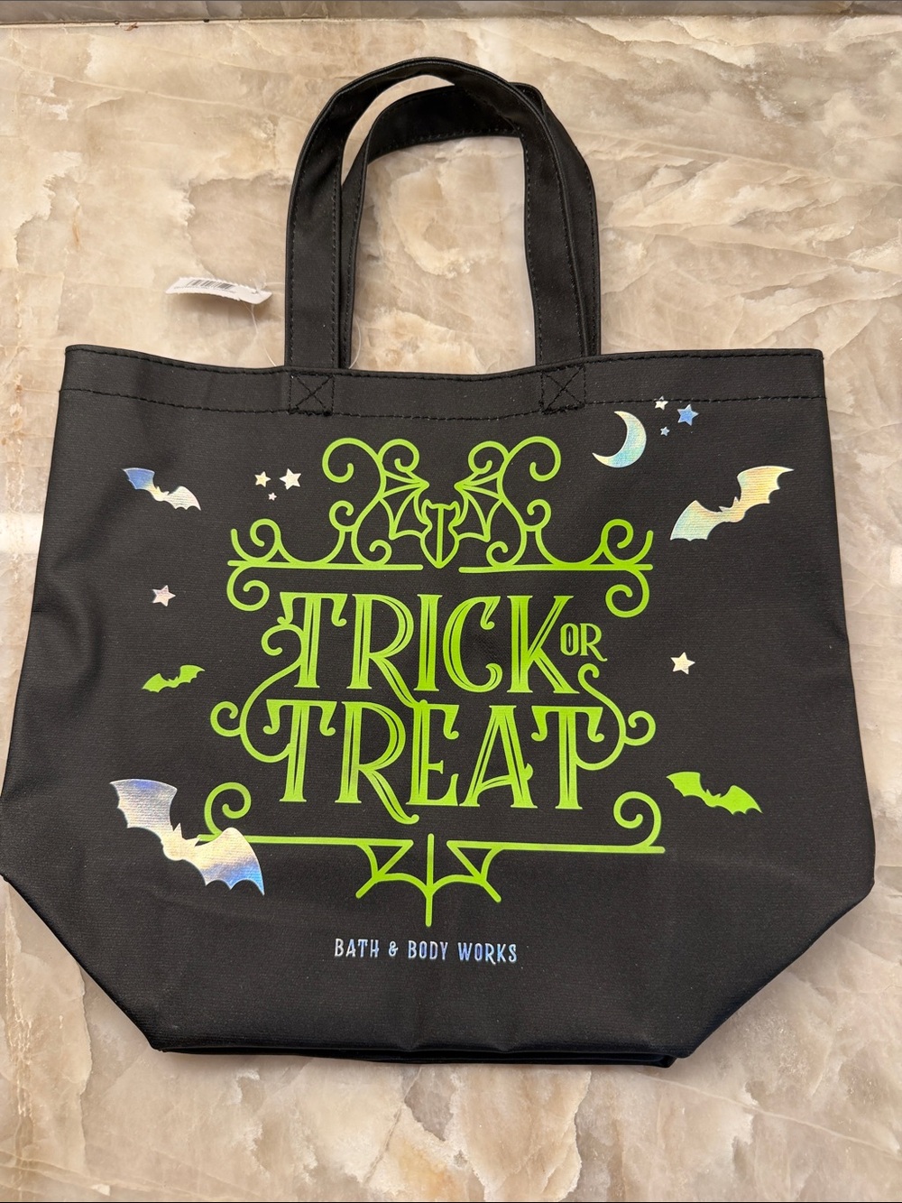 Bath & Body Works Black Tote with Neon Green Trick or Treat Design